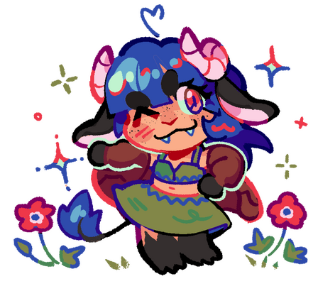 chibi illustration of my original character, Halcyon. She is winking, has one hand on her hips while the other is swinging behind her. there are small red flowers by her feet and sparkle accents around her