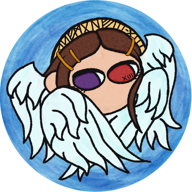 drawing of a head with brown hair, a purple and red eye, gold hair clips, and is surrounded by wings like a cherub